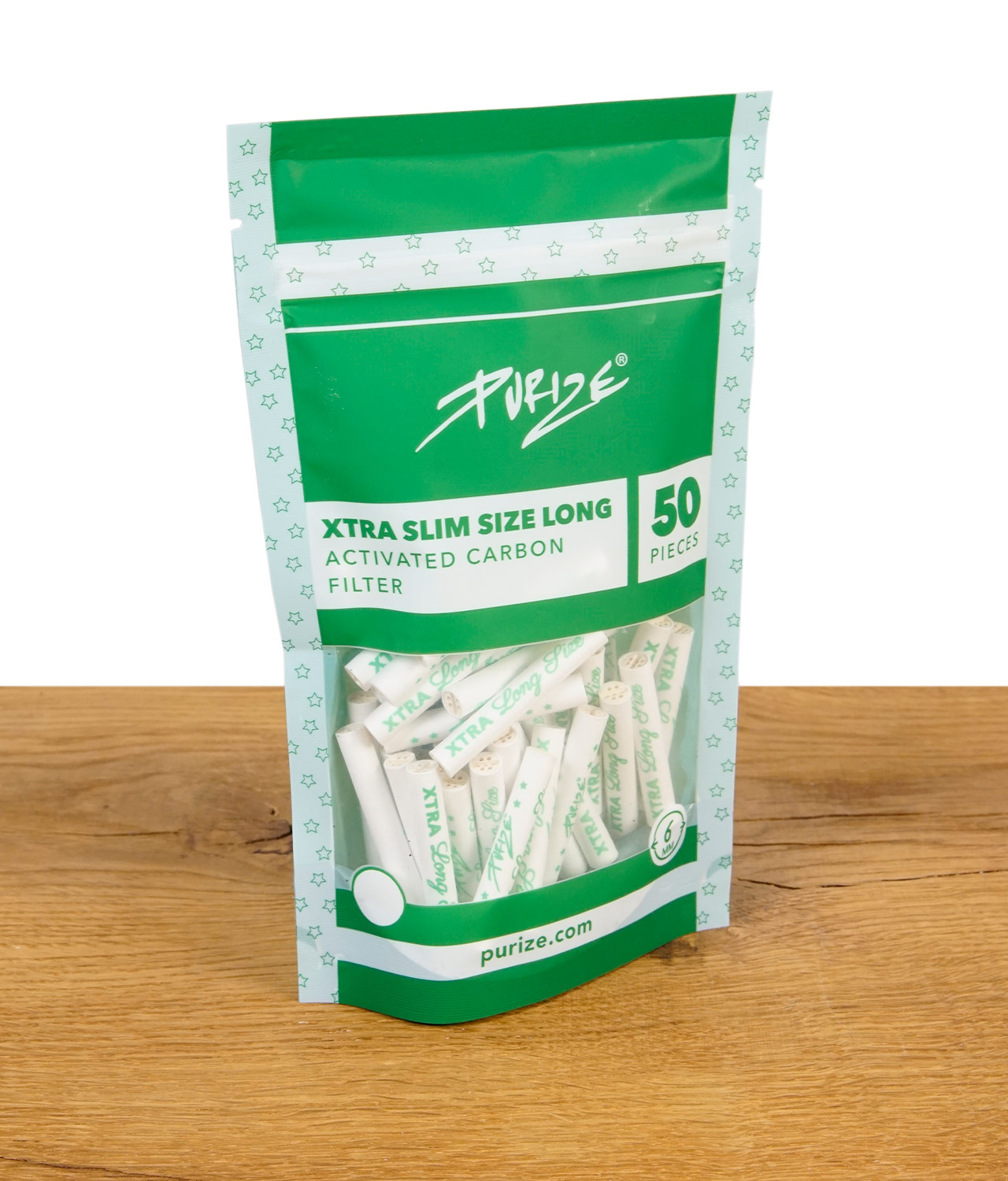 purize-xtra-slim-sizelong-50er-pack-jpg Verschlossene Packung Purize XTRA Slim Size Long Aktivkohlefilter mit 50 Stück im wiederverschließbaren Beutel.
