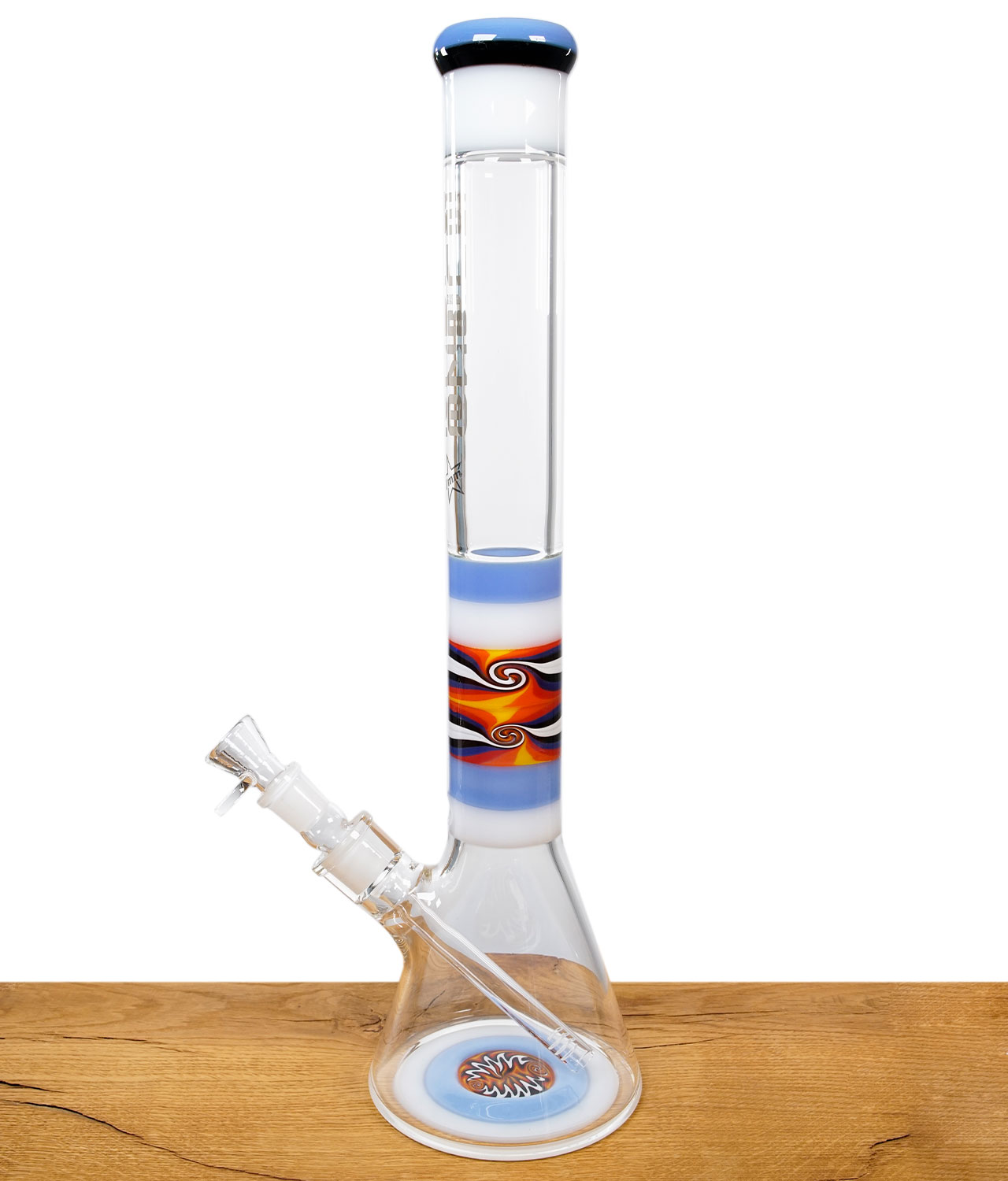 blaze-beakerbong-7-mm-mit-farbverlauf-jpg Komplette Blaze Beakerbong 7mm mit Farbverlauf und auffälligem Wig Wag Muster auf stabilem Rundfuß