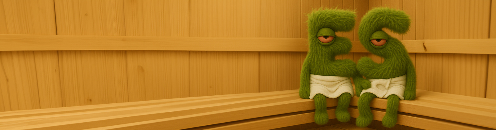 Zwei grüne, plüschige Cartoonfiguren mit müden Augen und Handtüchern entspannen in einer holzverkleideten Sauna – Symbolbild für Cannabis in der Sauna.