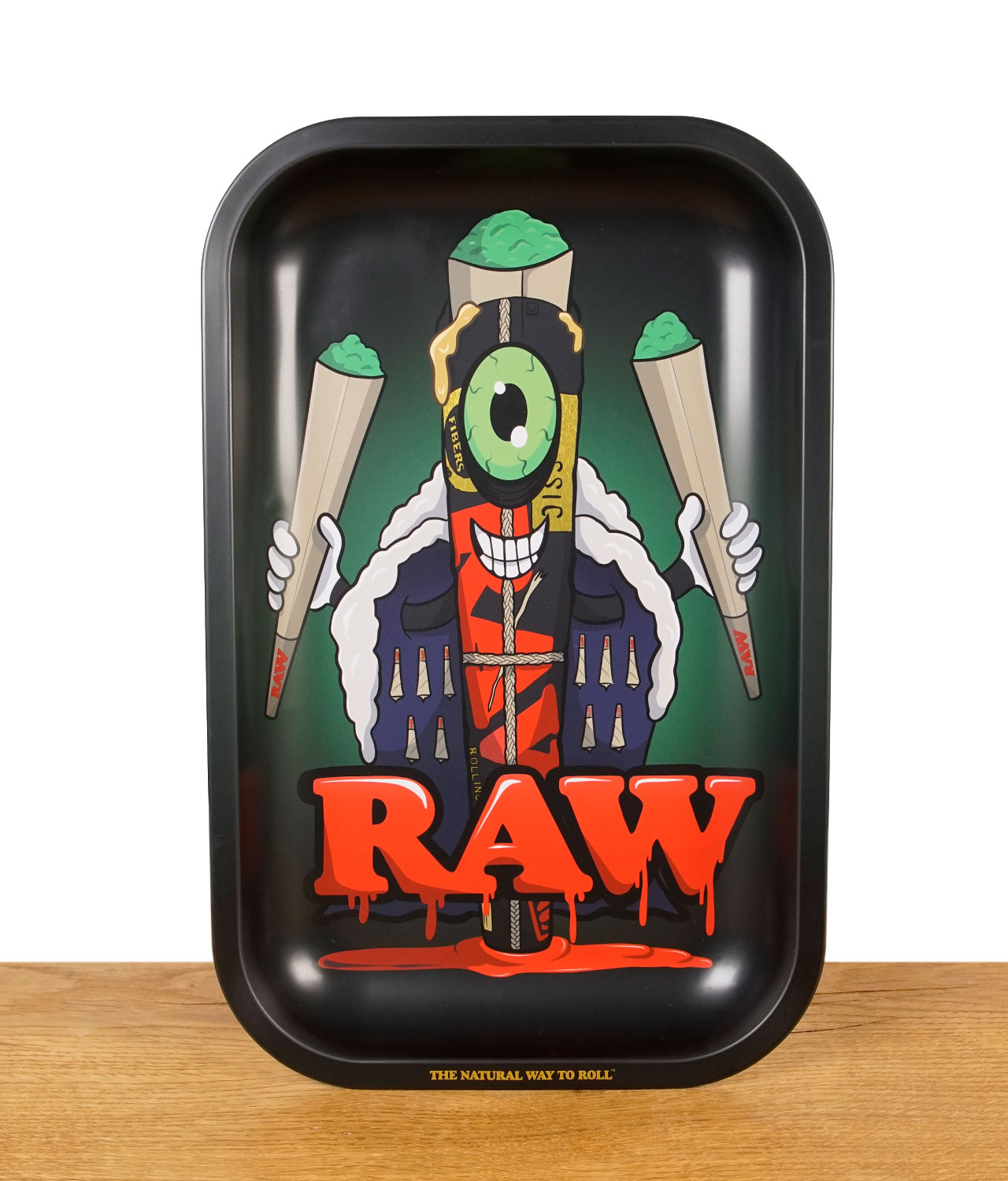 raw-rolling-tray-cone-monster-jpg RAW Rolling Tray Black Cone Monster Small – schwarze Metall-Tabakschale mit Comic-Motiv eines einäugigen RAW-Cones