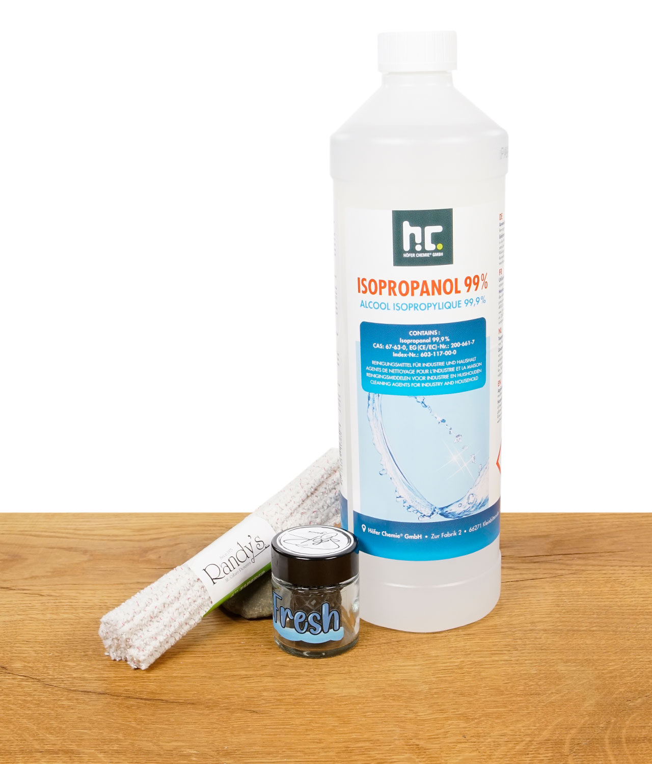 glasfilter-reinigungskit-jpg Flasche Isopropanol, Pfeifenreiniger und Glasbehälter mit „Fresh“-Label auf Holz