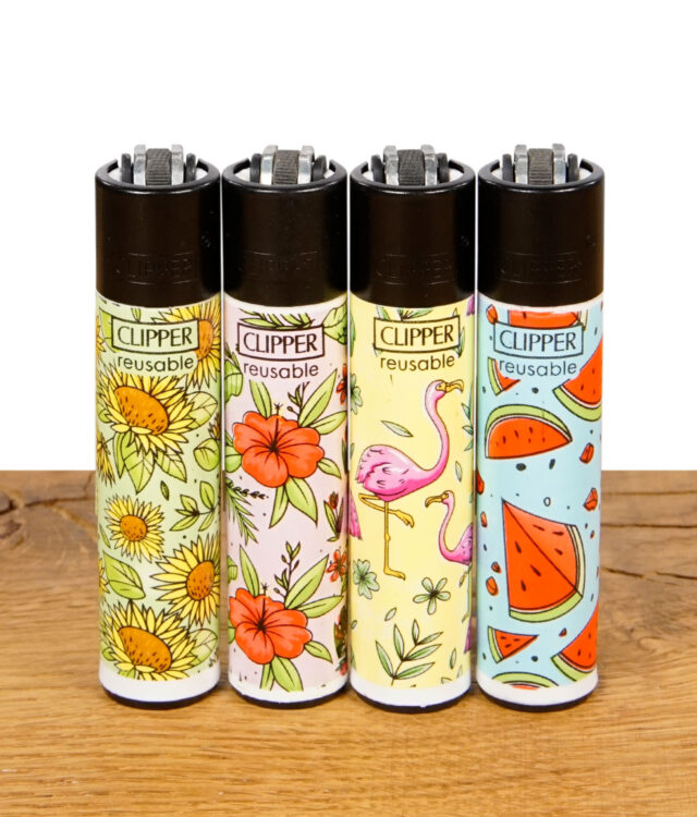 Vier Clipper Feuerzeuge der Paradise Edition mit tropischen Motiven nebeneinander