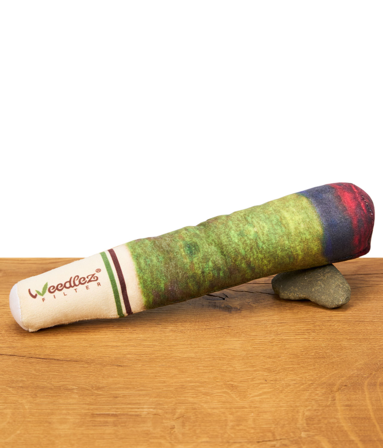 weedlez-filter-hundespielzeug-jpg Weedlez Hundespielzeug in Joint-Optik liegend auf Holzoberfläche mit Stein zur Stabilisierung