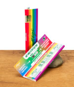 Innenansicht der PURIZE Regenbogen-Packung mit ausgeklapptem Info-Inlay und sichtbaren Tips.