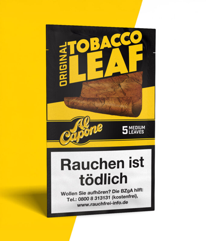 Al Capone Original Tobacco Leaf Blunt auf gelb weißem Hintergrund
