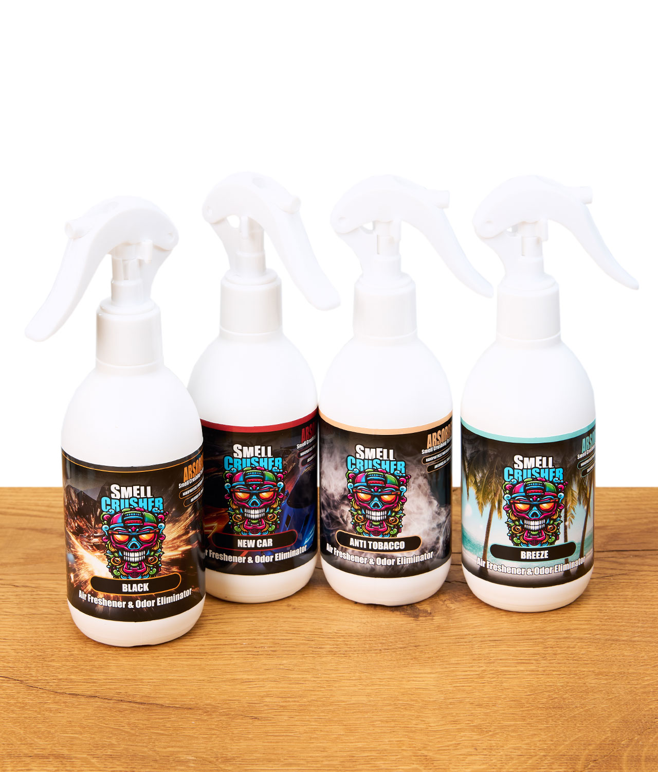 smell-crusher-air-freshener-eliminator-jpg Vier Smell Crusher Absorb Sprays nebeneinander auf Holz platziert