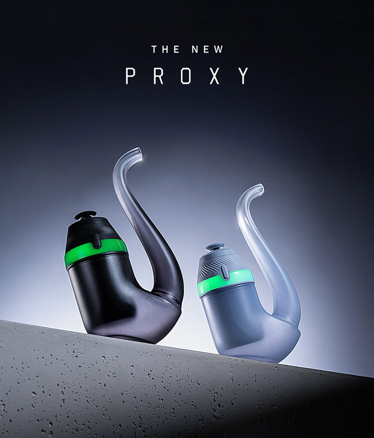 puffco-new-proxy-vaporizer-jpg Zwei New Proxy Vaporizer von Puffco vor dunklem Hintergrund und Schriftzug oben im Bild