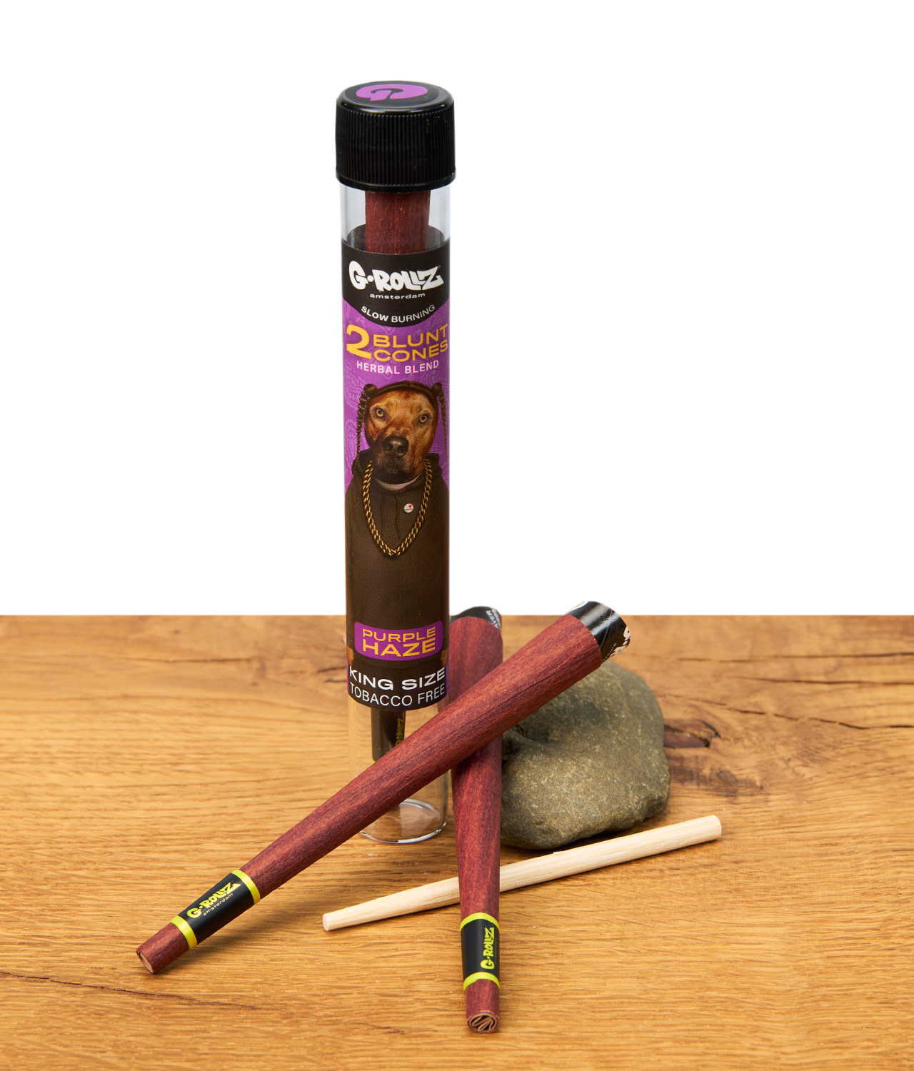 g-rollz-blunt-cones-purple-haze-jpg G-Rollz Blunt Cones Purple Haze mit charakteristischer Tube, zwei vorgerollte King Size Blunts und Stopfhilfe auf Holztisch.