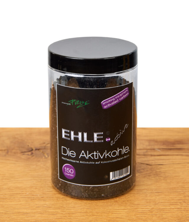 EHLE Aktivkohle Dose 150 Gramm, Aktivkohle aus Kokosnuss für Rauchfilter, Produktverpackung auf Holz, Markenlabel und Infos sichtbar