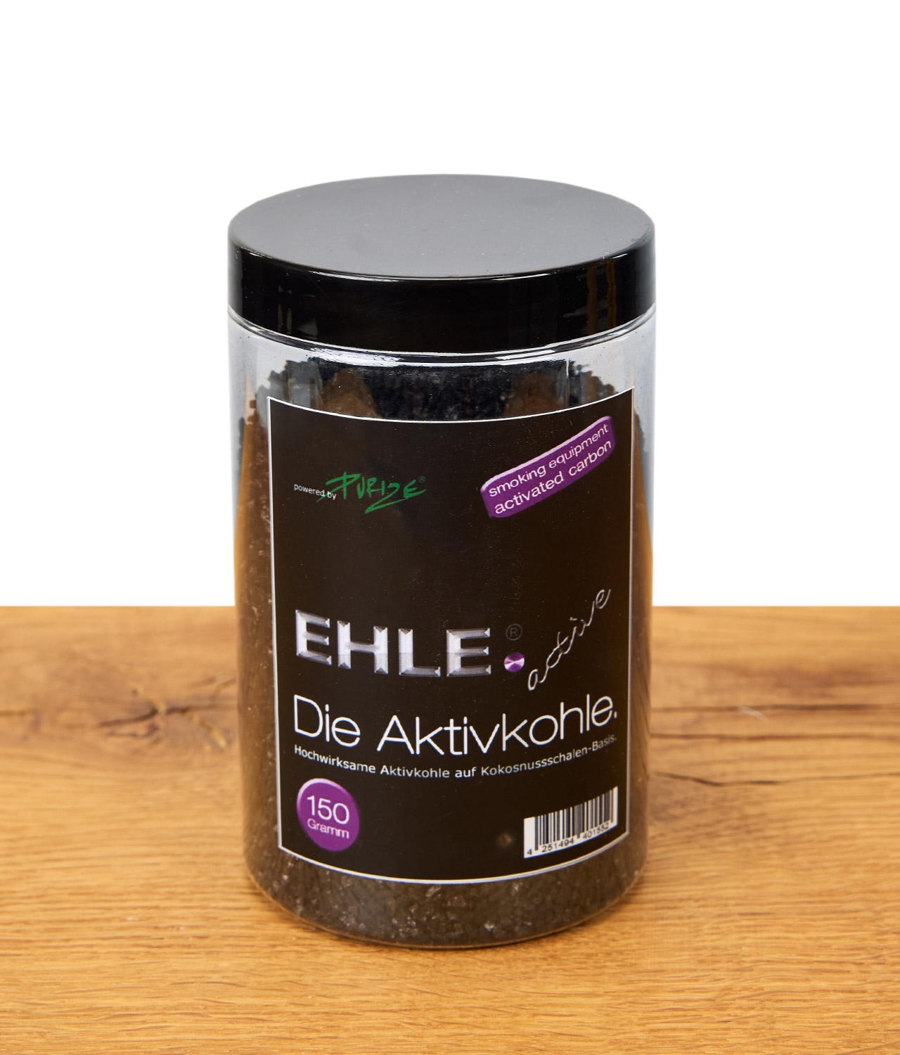 ehle-aktivkohle-150-gramm-jpg EHLE Aktivkohle Dose 150 Gramm, Aktivkohle aus Kokosnuss für Rauchfilter, Produktverpackung auf Holz, Markenlabel und Infos sichtbar