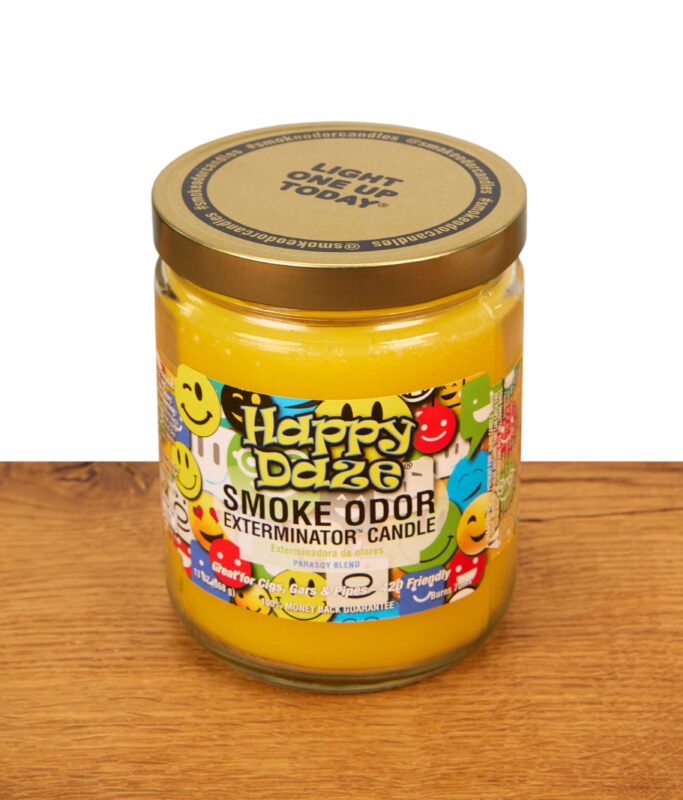 Gelbe Duftkerze mit Smileys als Aufdruck der Happy Daze Duftkerze von Smoke Odor