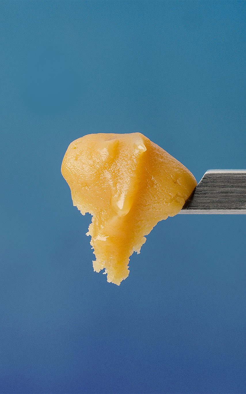 Dabtool mit orangenem Extrakt wie Rosin oder Live Resin vor blauem Hintegrund. Banner für die Kategorie "Dabbing"