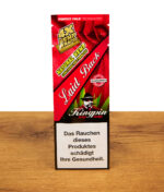 Kingpin Hemp Wraps Laid Back Sorte in roter Packung mit Perfect Fold Technologie, tabakfreie Hanf-Blättchen auf Holzuntergrund.