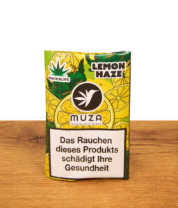 Vorderseite der MUZA x Bunte Blüte Packung „Lemon Haze“ – ein nikotinfreier MUZA Tabakersatz mit Terpenen in einer gelb-grünen Tasche.