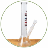 Glasbongs im Headshop kaufen. Hier ein EHLE Beaker mit rot/blauem Logo und Köpfchen Aufbau. Bong Kategorie Bild.