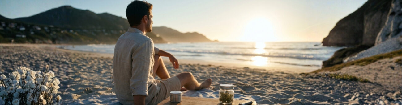 Ein Mann sitzt entspannt bei Sonnenuntergang an der Küste und genießt die Aussicht auf den Ozean; auf einem Tisch im Vordergrund steht essenzielles Kifferzubehör für den Sommer wie ein Grinder und ein Glas mit Blüten für das gemütliche Kiffen am Strand.