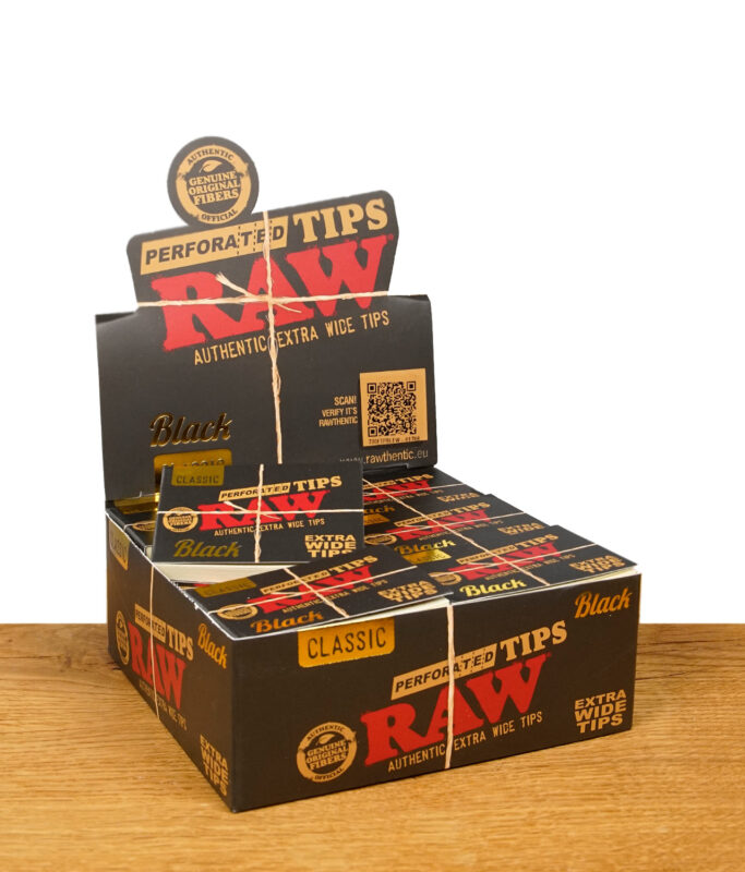 Vorratsbox mit 36 Heften der RAW Black Extra Wide Filtertips