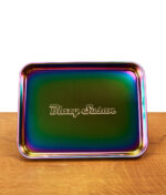 Viereckiges Blazy Susan Rolling Tray in einem metallic Look auf einem Holzbrett stehend mit Blazy Susan Textaufdruck