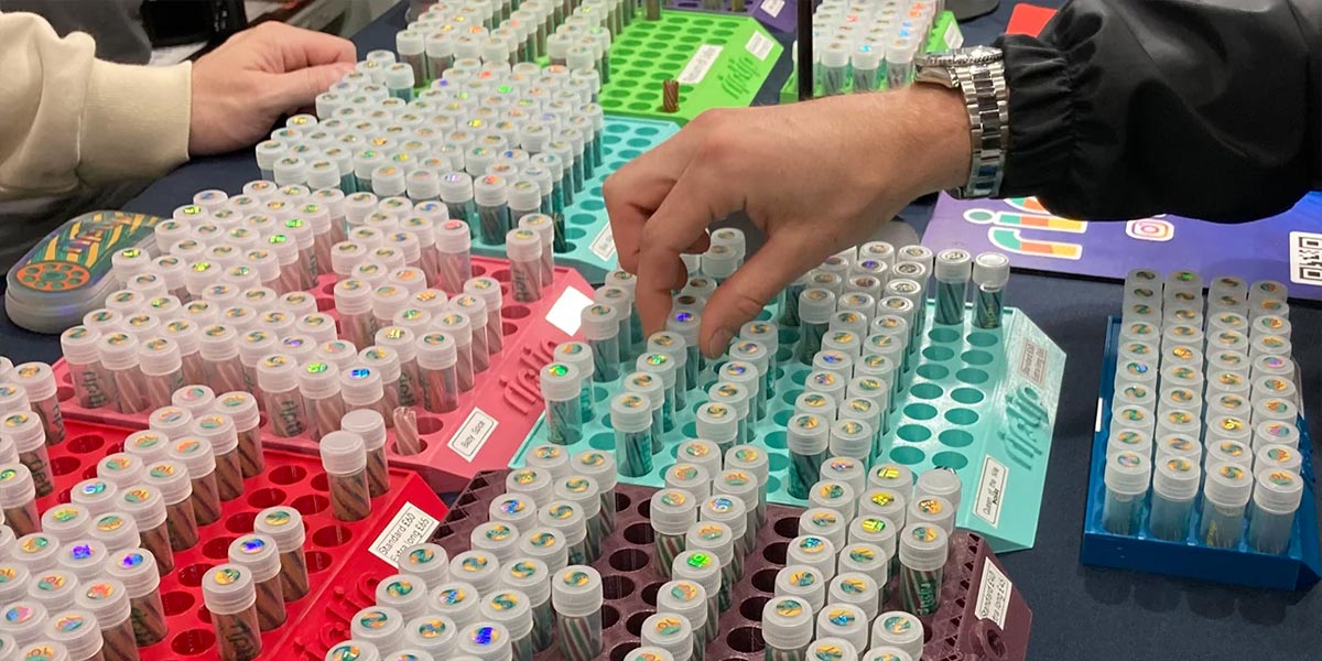 Hand greift nach RipTip Glasfiltern in großen Displays mit dutzenden ausgestellten Filtern. Wahrscheinlich auf einer Messe.
