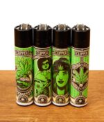 Clipper Grass Art 4er Serie auf Holz. Nachfüllbare Feuerzeuge in Grün mit Cannabis-Blättern und Porträt-Prints.
