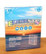 Blau-orange Verpackung der Elements XL Odor-Free Storage Bags im 6er-Pack auf Holztisch.