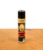 Clipper Feuerzeug Art Gallery Monday Mood mit Munchs Schrei-Motivparodie auf Holzoberfläche.